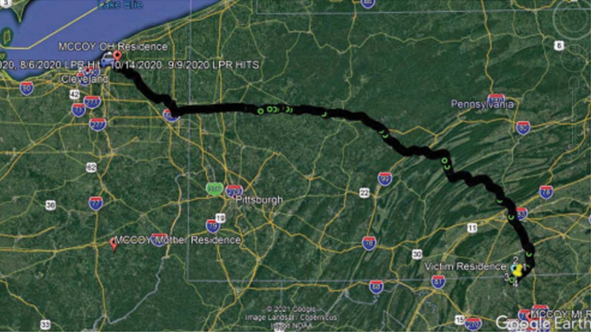 Google Earth image showing McCoy's route from Ohio to Maryland