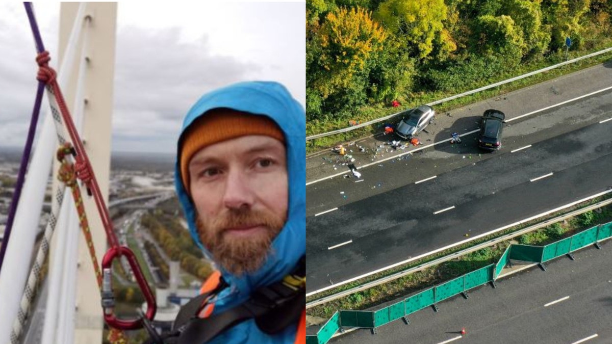 Climate change protester and crash scene