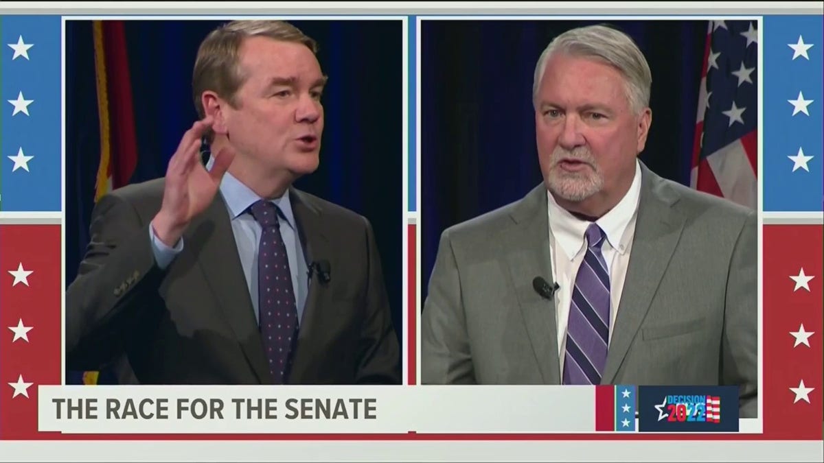 Screenshot from Colorado Senate debate between Michael Bennet and Joe O'Dea is seen