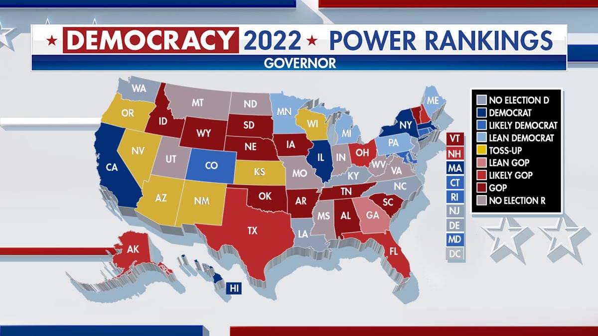 Infographic indicating by color which way the different states political, which states have a likelihood, and which states are toss-ups.