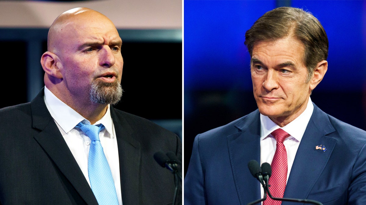 John Fetterman wearing a blue tie, Dr. Oz wearing a red tie