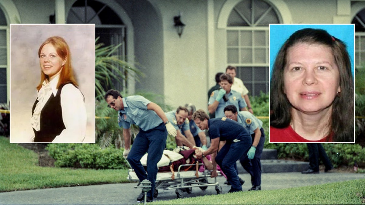 paramedics taking Marlene Warren out of home with inset photos of the victim and her alleged murderer