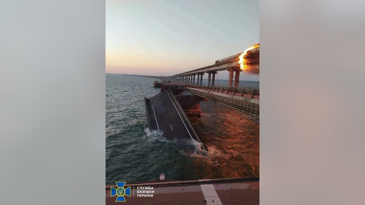 A view of the Kerch Bridge collapsed into water