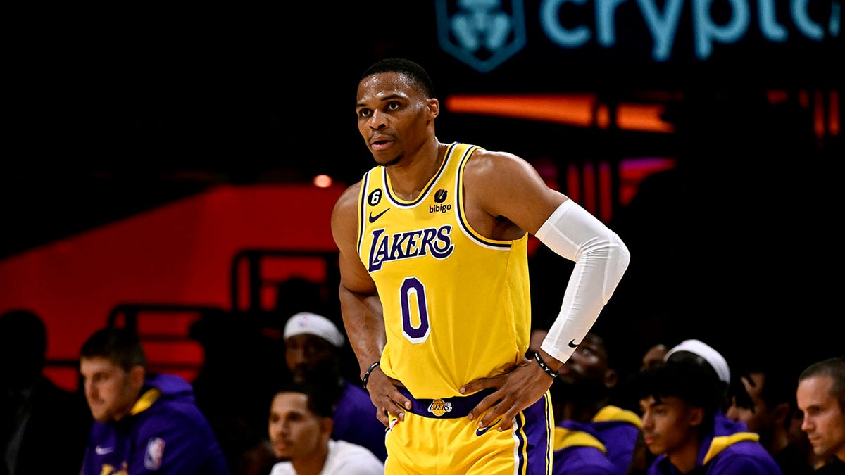 Russell Westbrook looks on in a game against the Clippers