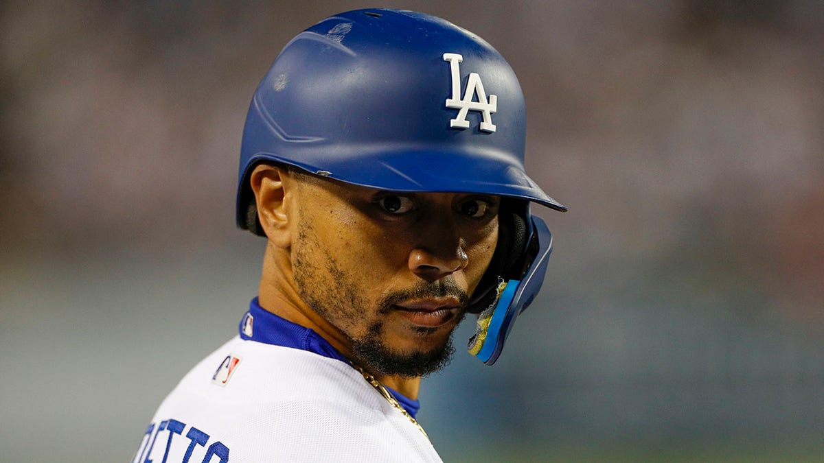 Mookie Betts looks on during an NLDS game
