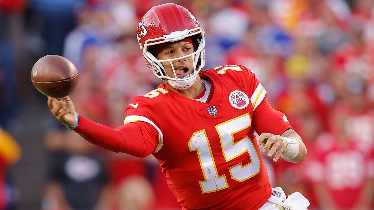 Patrick Mahomes throws against the Buffalo Bills