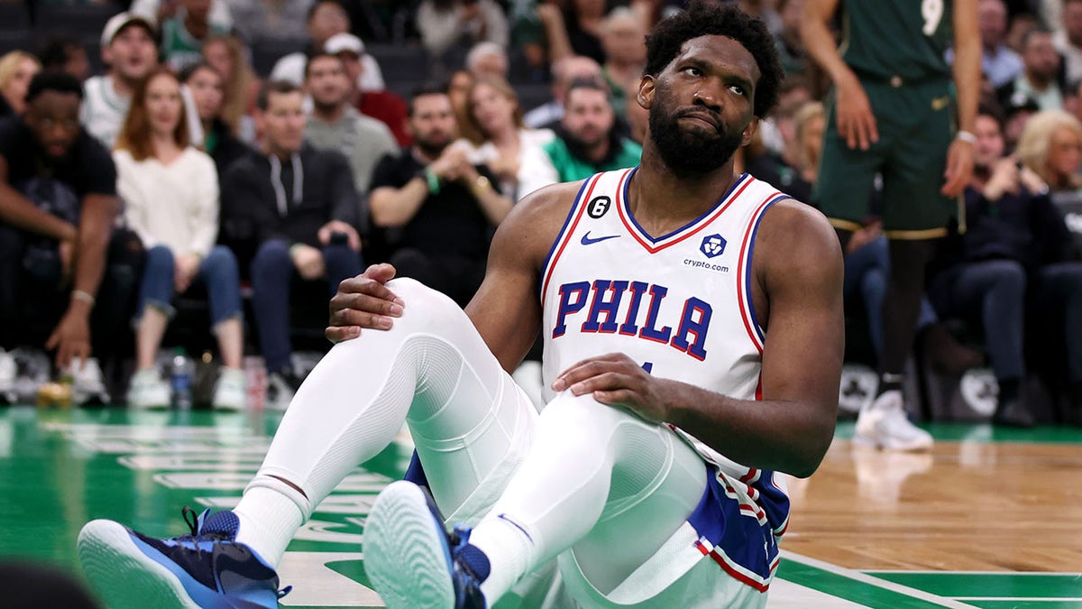 Joel Embiid after being fouled by the Celtics