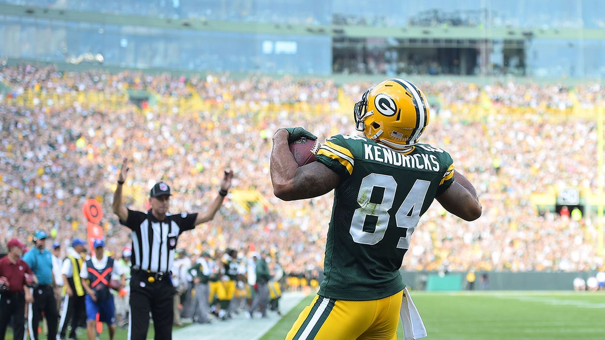 Lance Kendricks celebrates a touchdown for the Packers