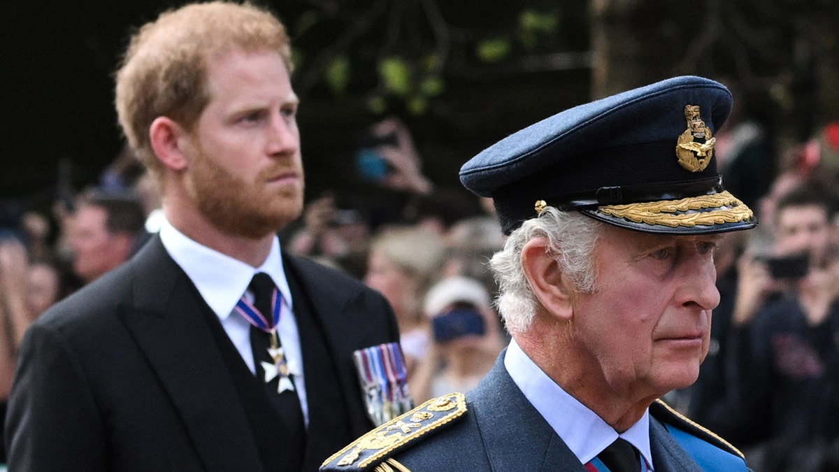 Britain's King Charles III and Britain's Prince Harry