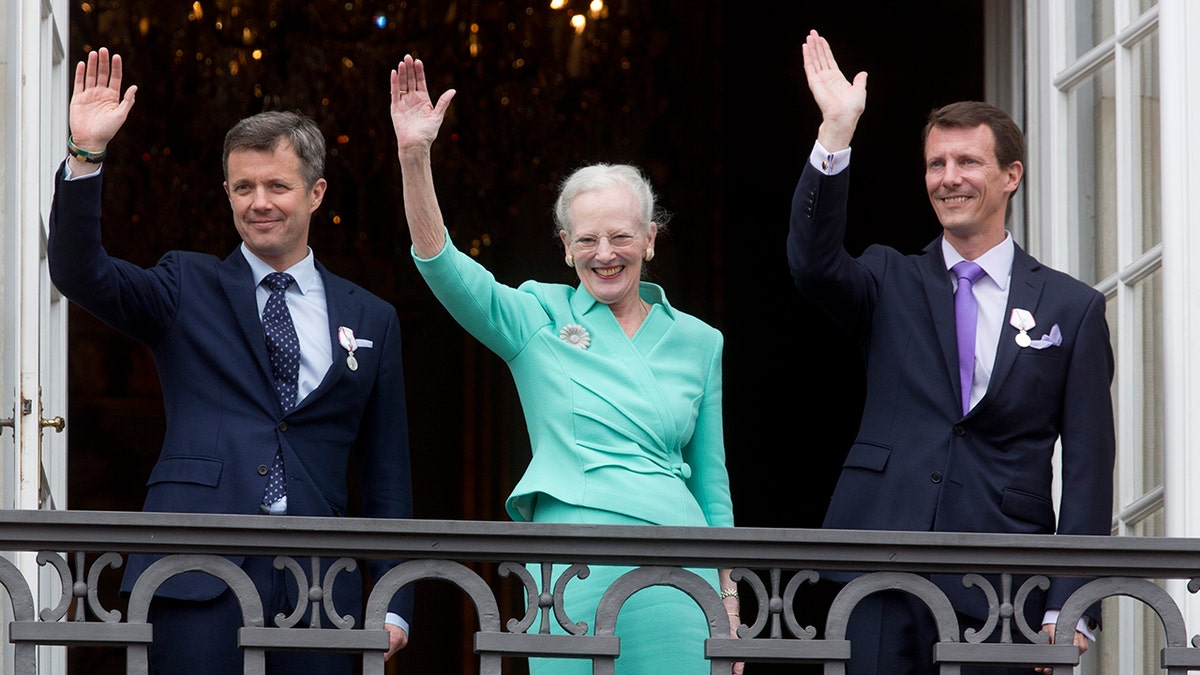 Queen Margrethe II of Denmark, and her sons Crown Prince Frederik of Denmark and Prince Joachim of Denmark
