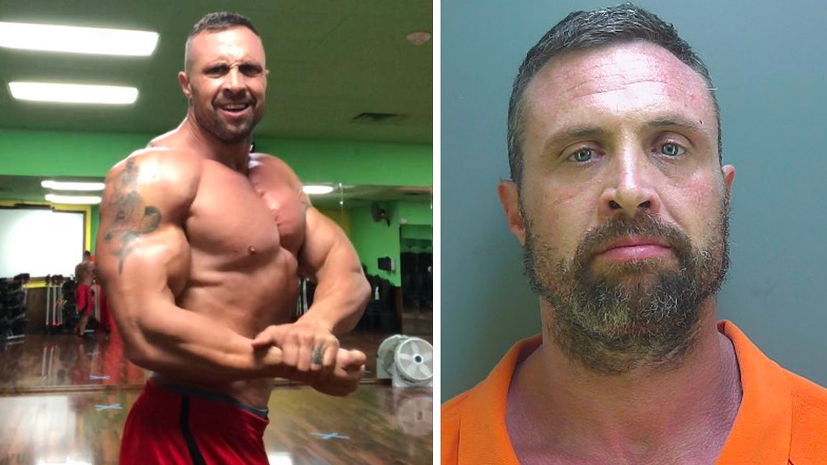 Ian Baunach flexes in a gym mirror, frowns in mugshot