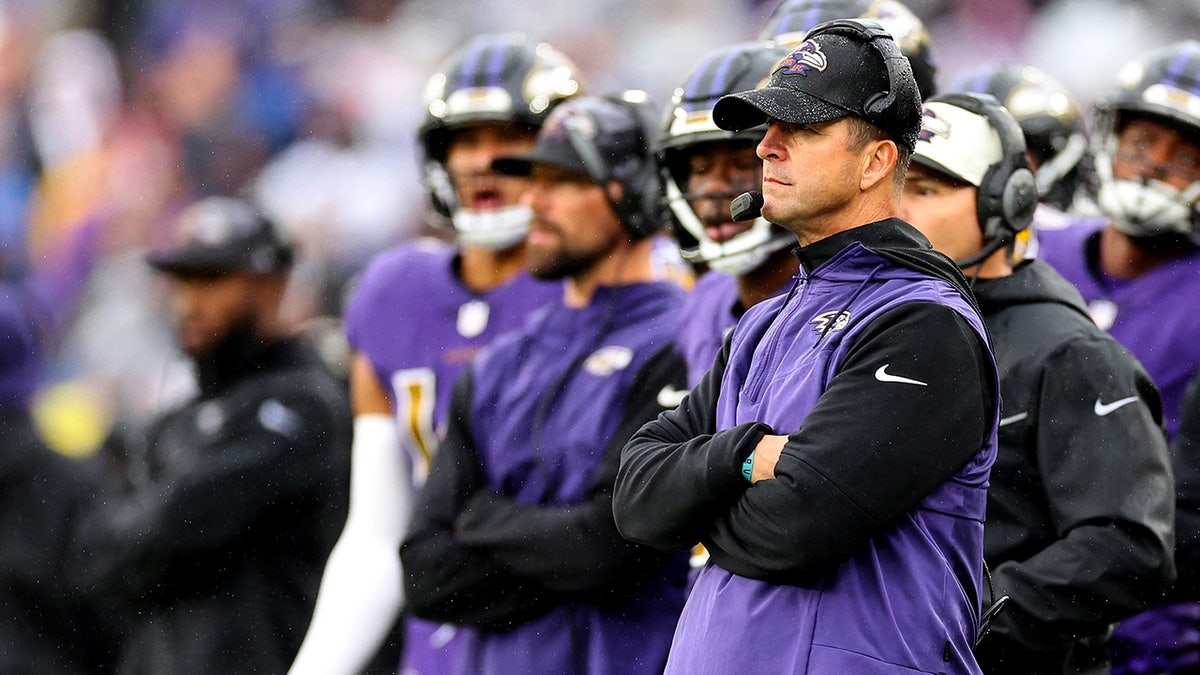 John Harbaugh coaches on the sideline