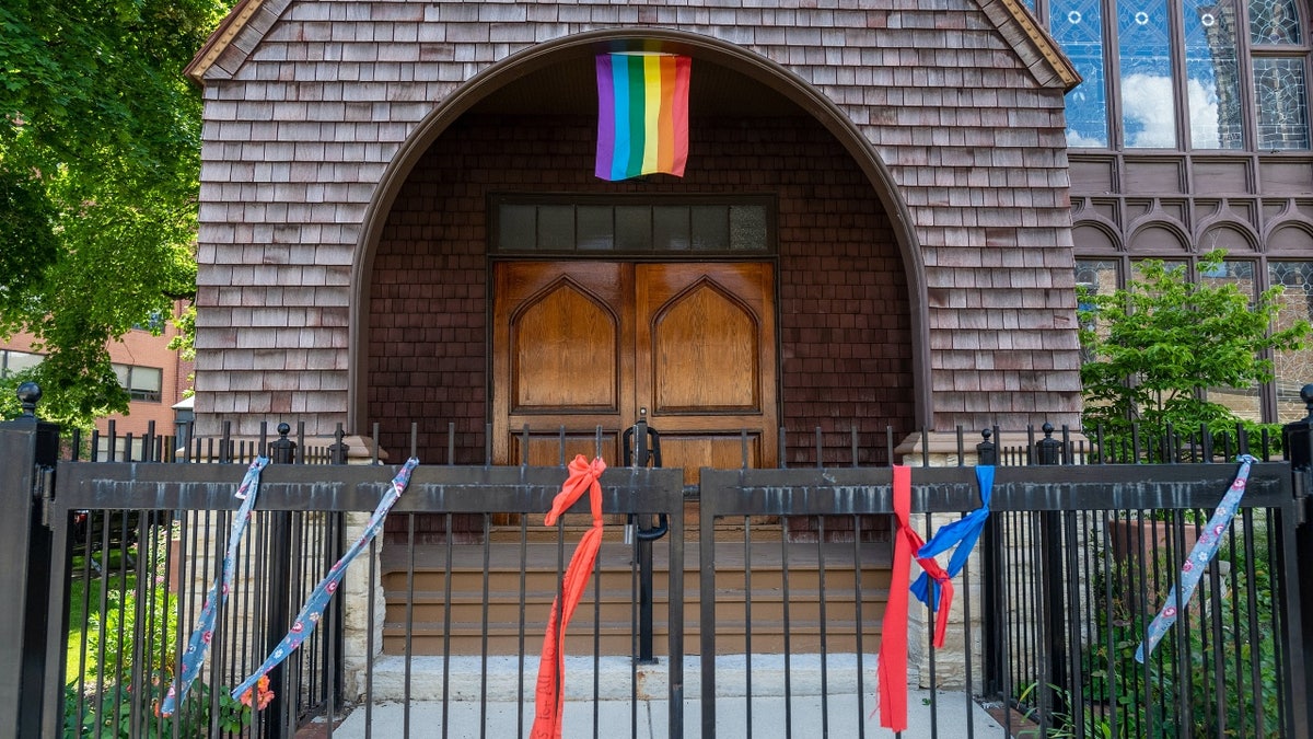 LGBT flag outside Presbyterian church