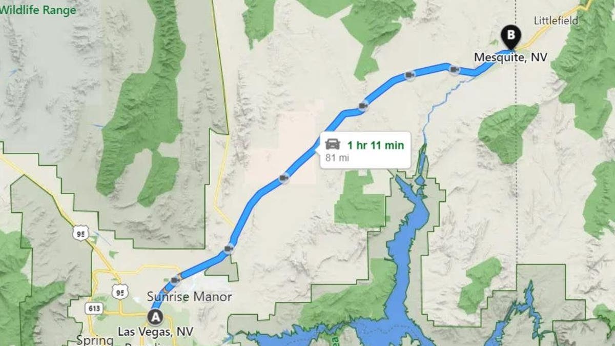 Map of route from Las Vegas to Mesquite, Nev.