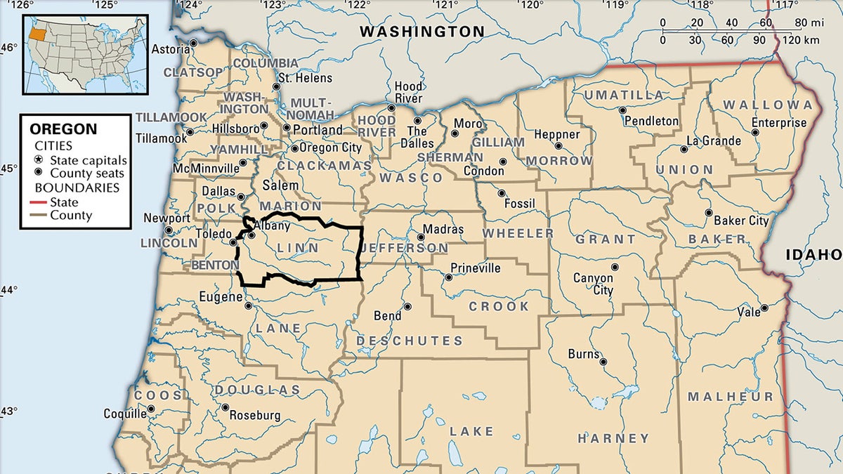 Linn County highlighted on map of Oregon