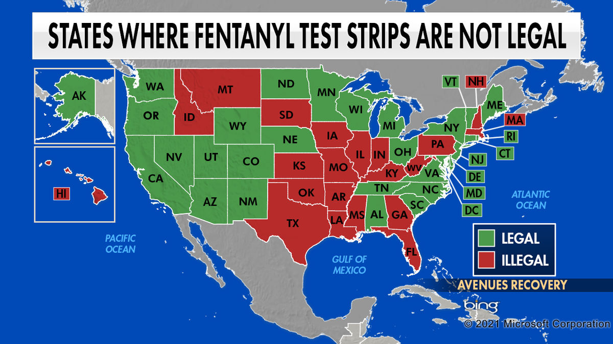 A map showing states where fentanyl test strips are illegal