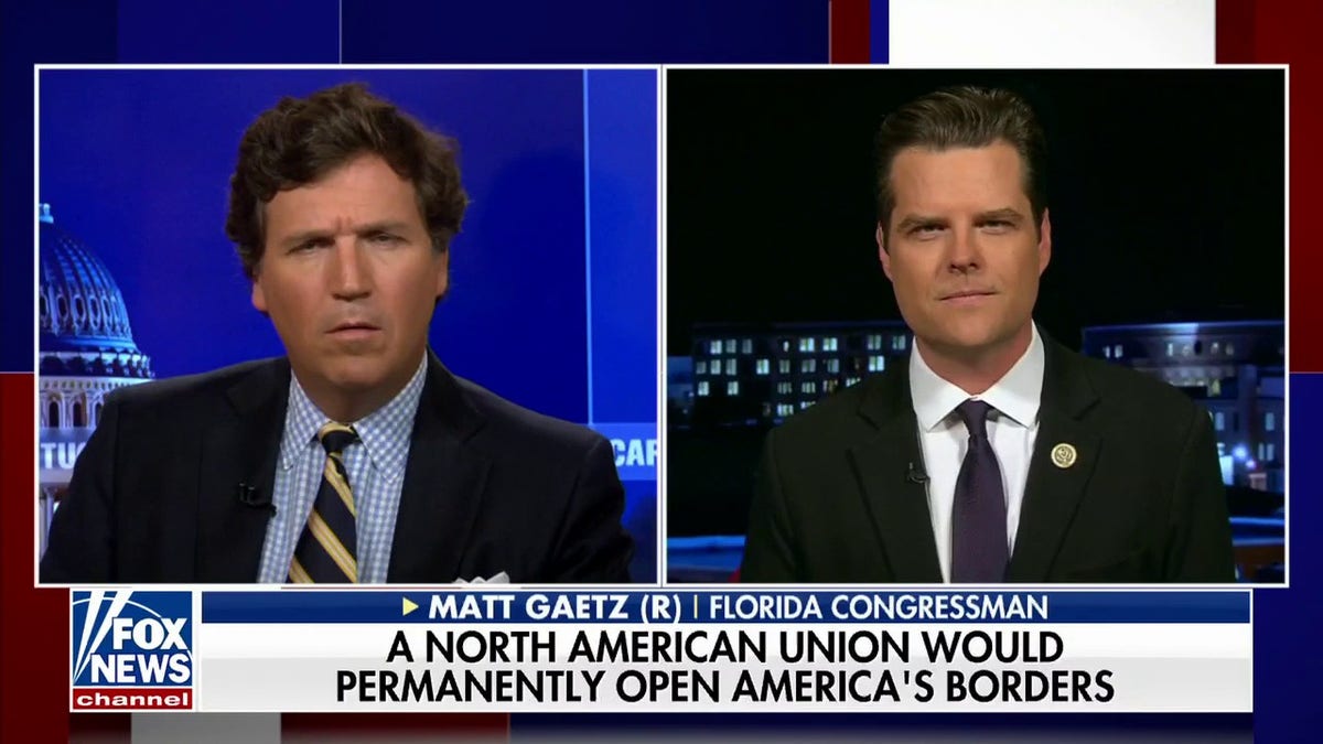 A split photo of Tucker Carlson and Matt Gaetz