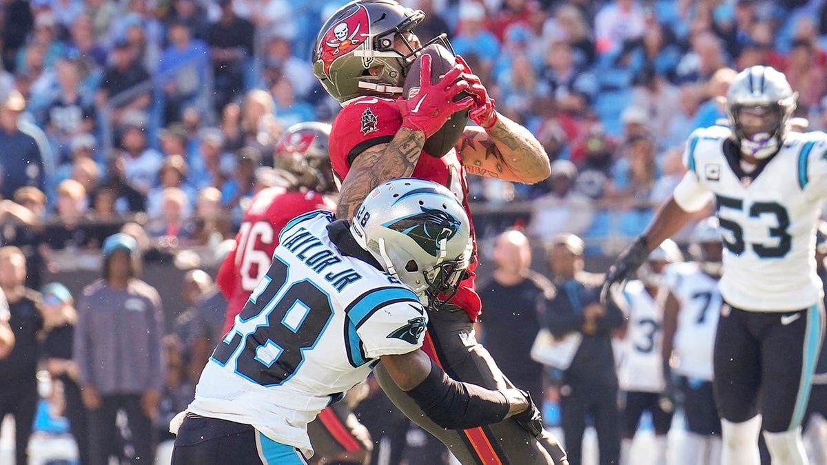 Mike Evans is hit while making a catch