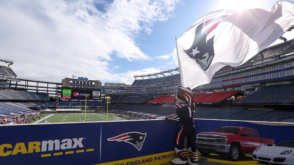 New England Patriots mascot waves flag