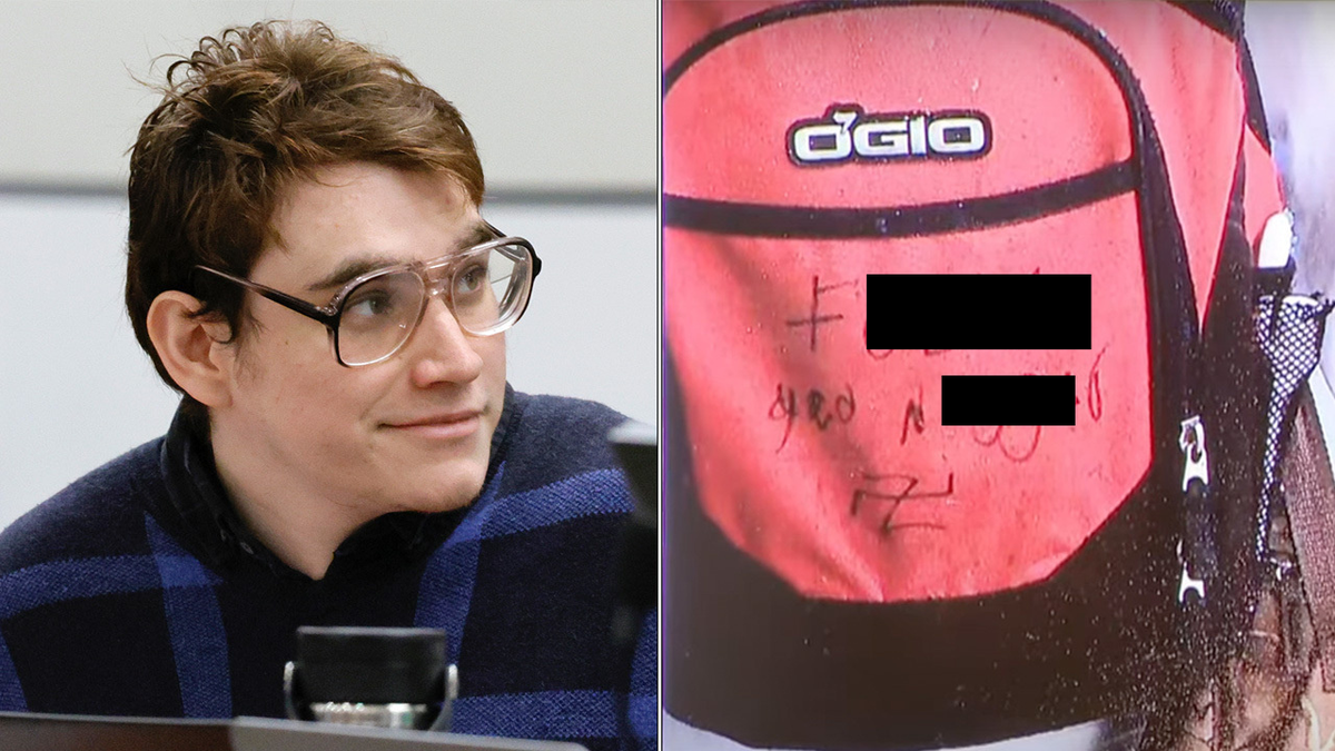 Nikolas Cruz in court and his orange backpack with a racial slur written on it