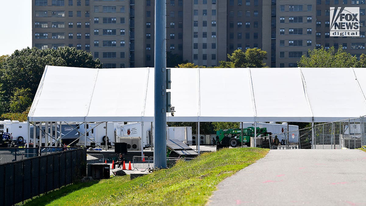 randall's island migrant shelter by soccer field
