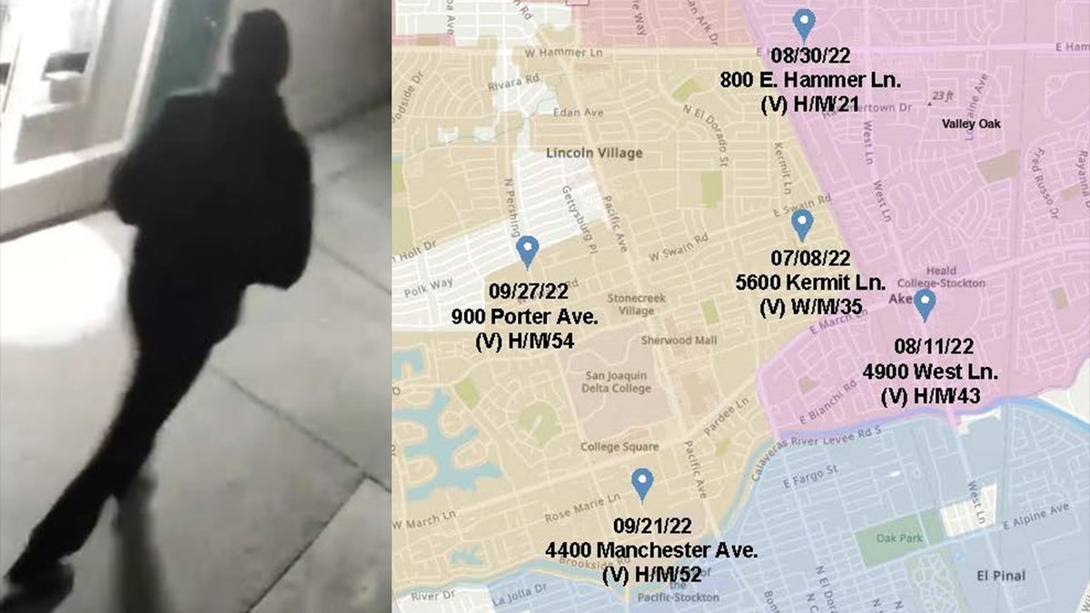 grainy images shows person of interest dressed in black; Map showing five possibly related murdersa