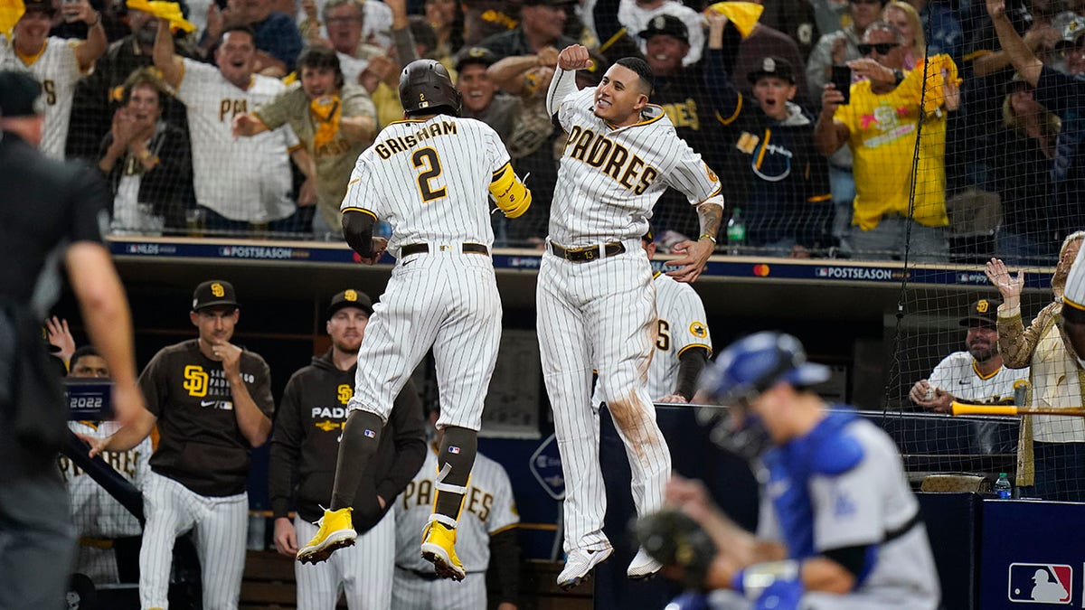 Padres teammates celebrate after home run