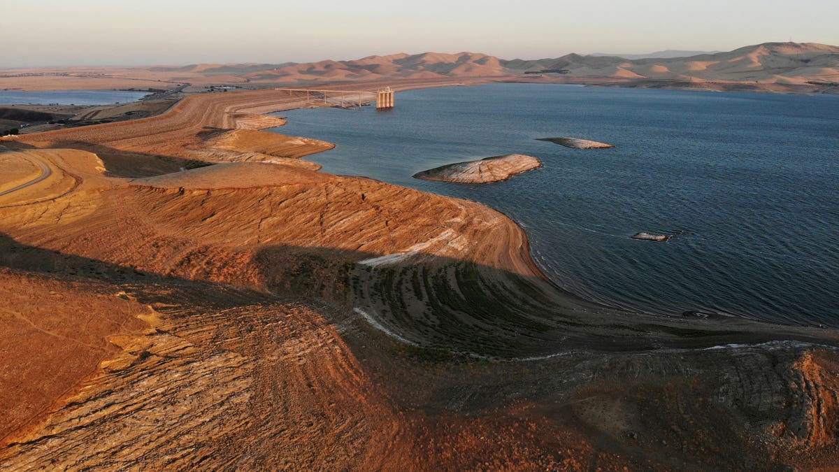 Arial view of the San Luis Reservoir with low water levels