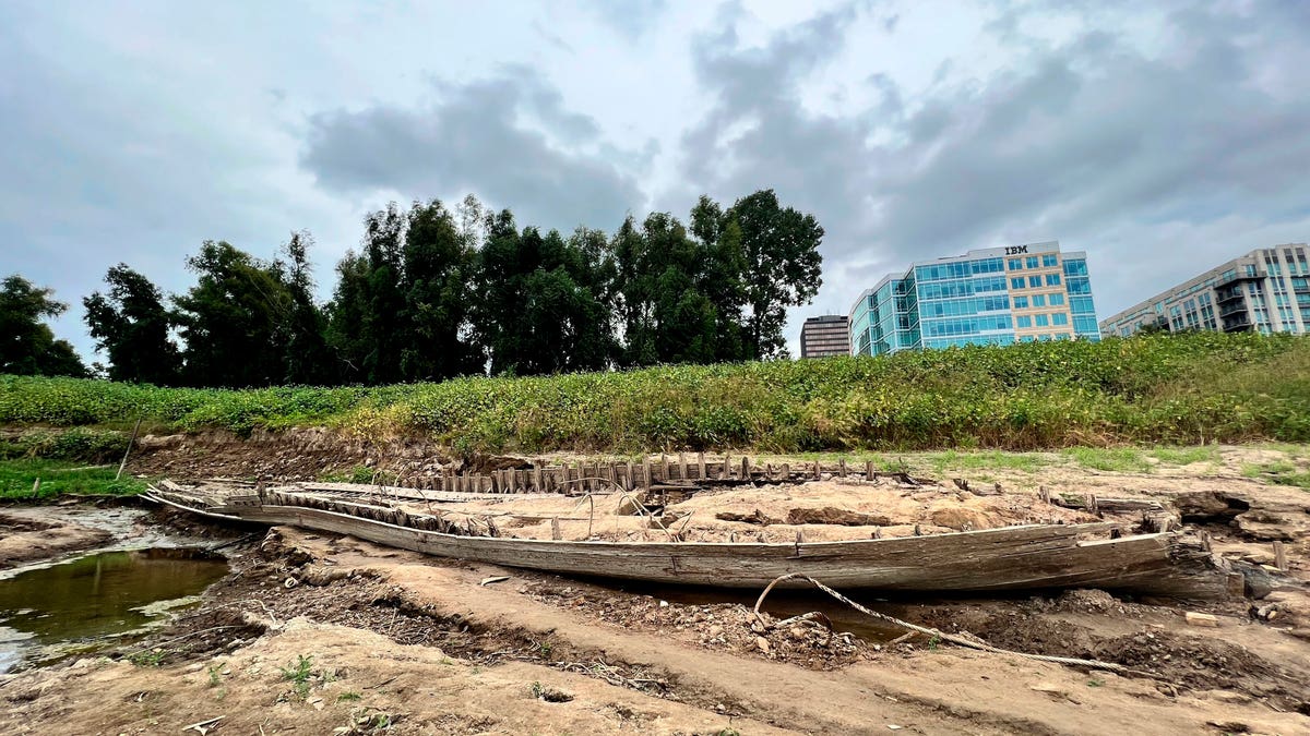 The remains of a ship on the banks of the Mississippi River