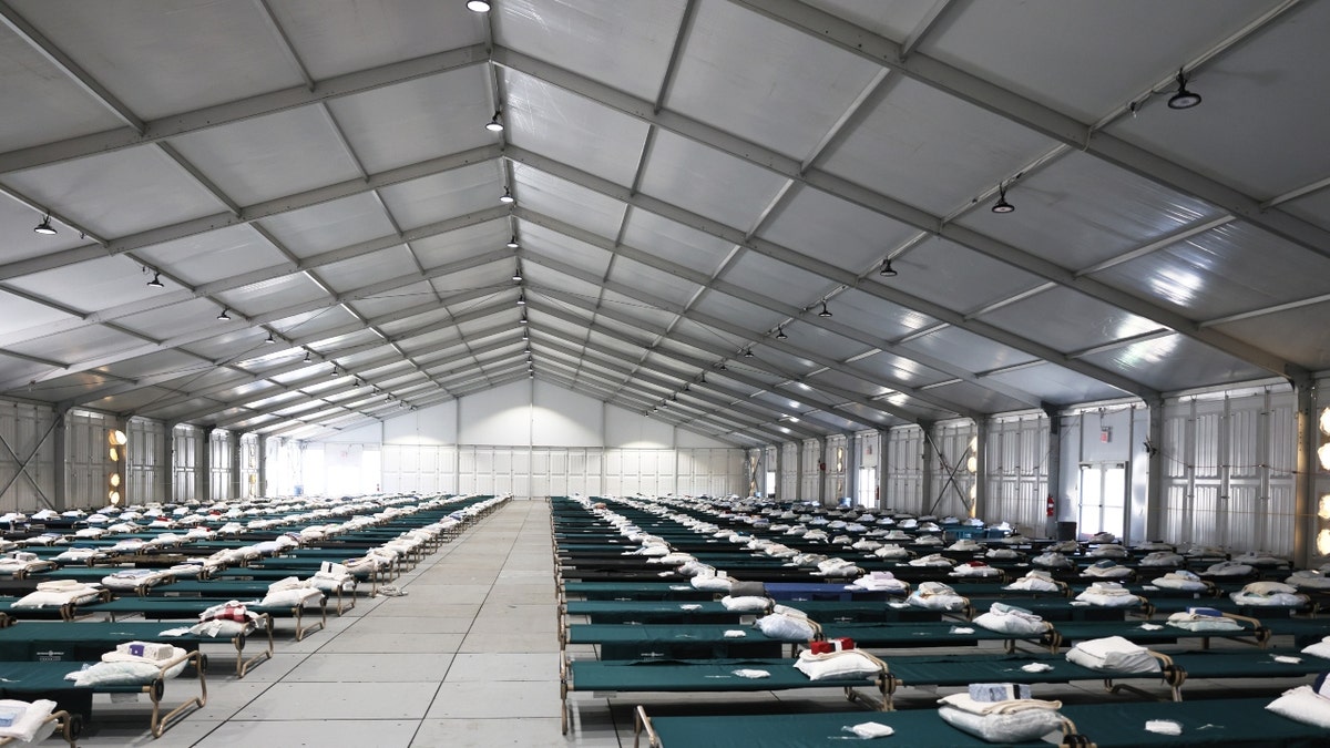 Beds in an NYC migrant shelter