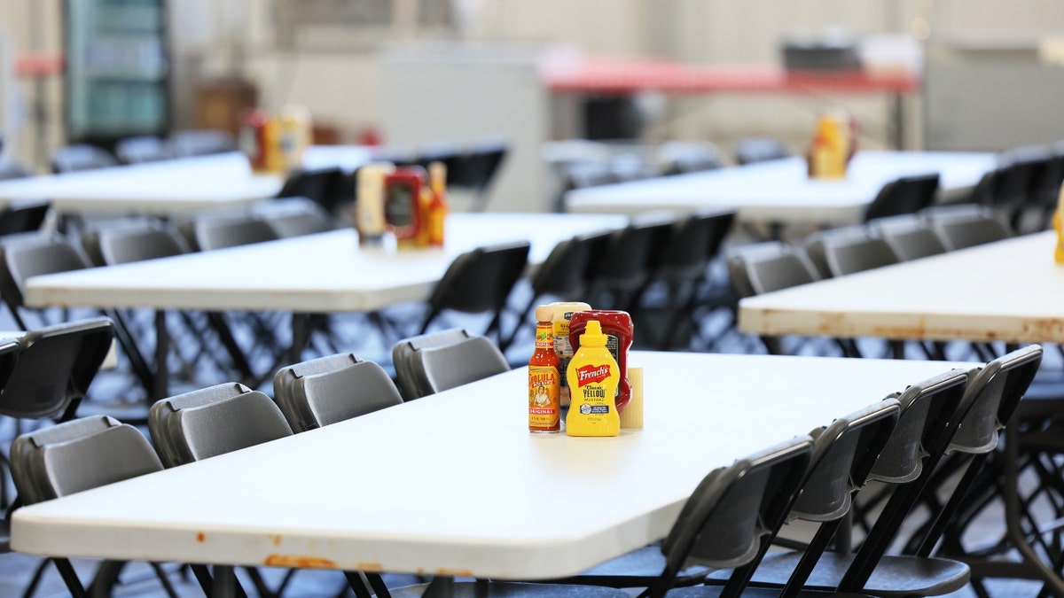 Cafeteria area inside the tent city at Randall's Island relief center in New York City