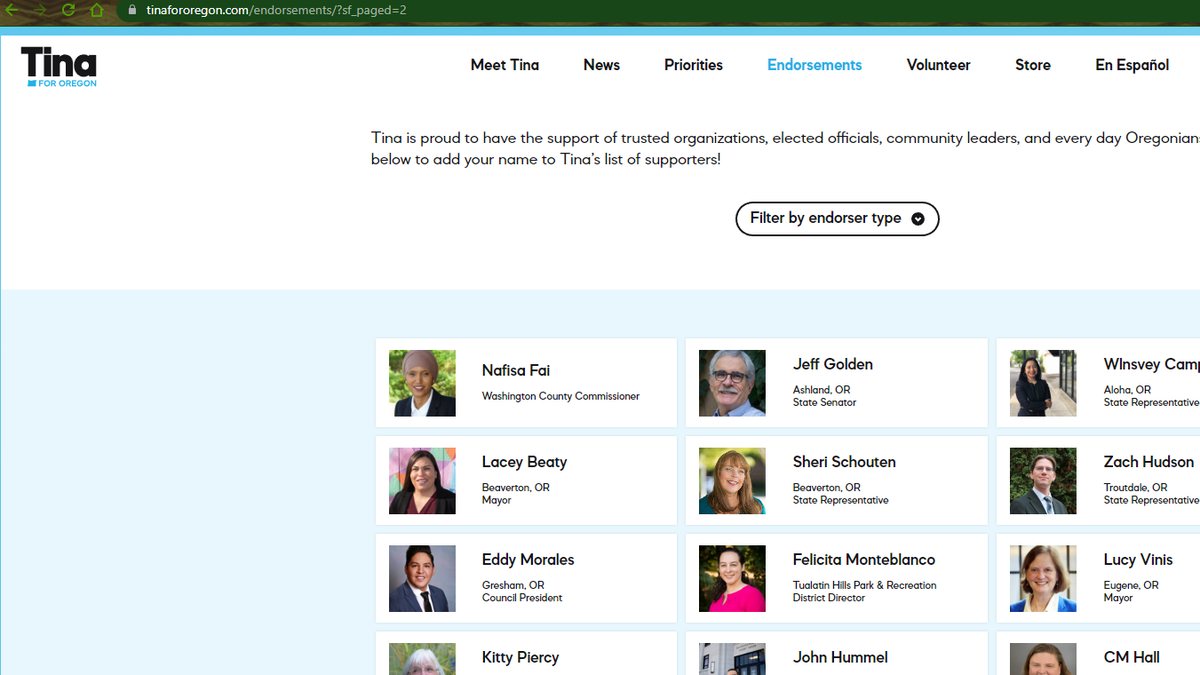 Oregon Democrat state Senator Jeff Golden's endorsement moved to the second page of Kotek's website's endorsement page.