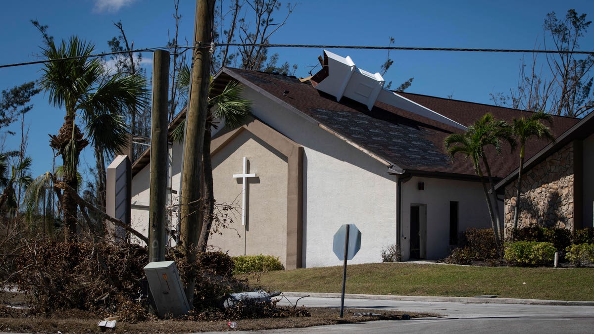 Outdoor view of Southwest Baptist Church in Fort Myers, destroyed by the hurricane