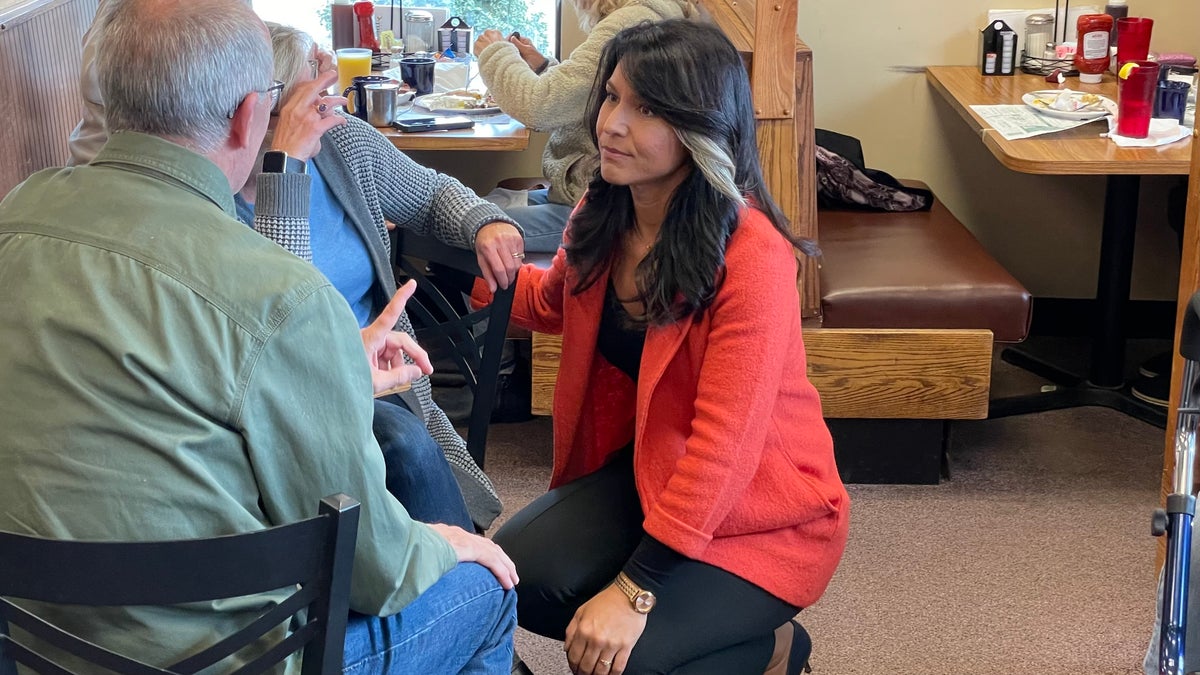 Former Rep. Tulsi Gabbard, a Democrat turned independent, campaigns on behalf of Republican Senate nominee in New Hampshire Don Bolduc, in Loudon, N.H. on Oct. 17, 2022