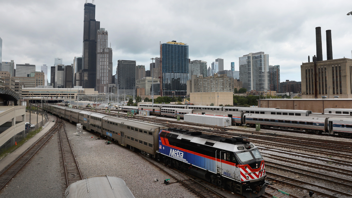 A Metra commuter train rolls out of downtown on September 13, 2022 in Chicago, Illinois.