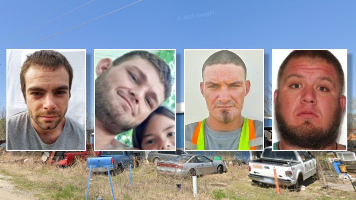 Portraits of the four Okmulgee victims inset over the suspect's scrapyard