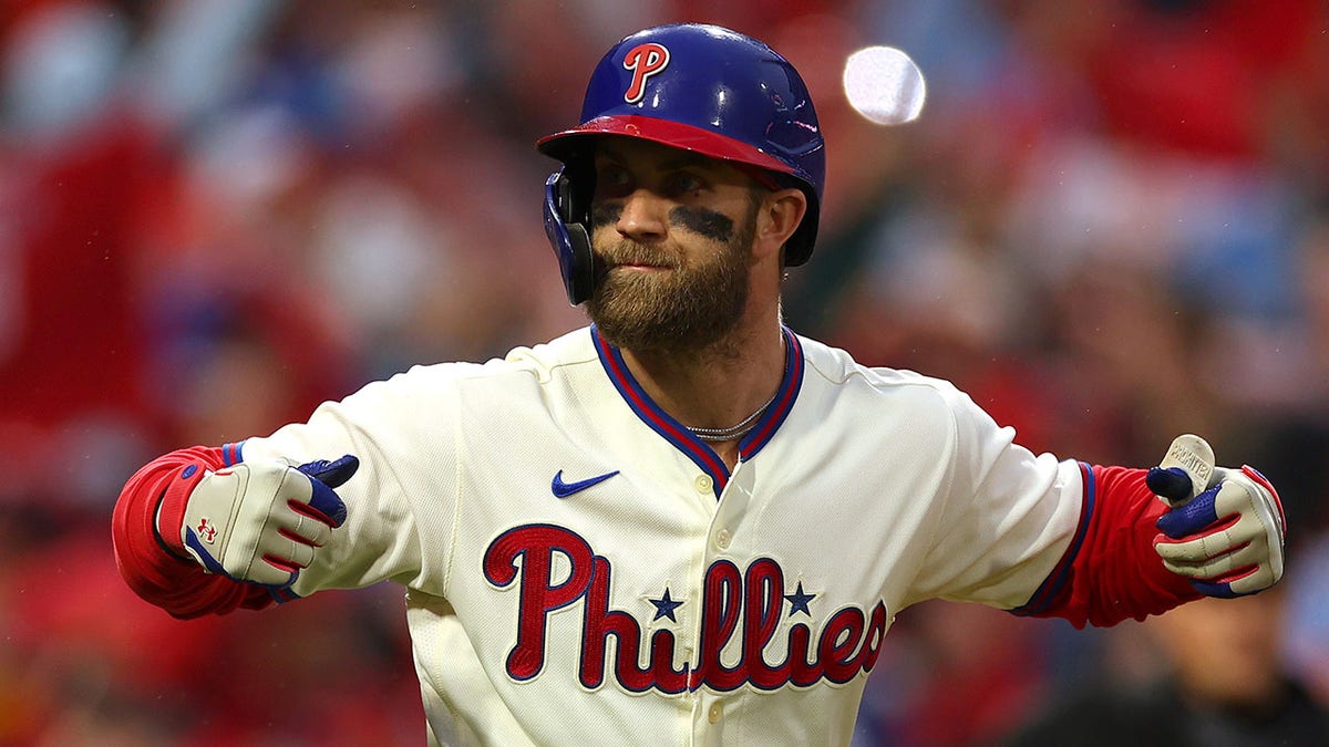 Bryce Harper celebrates NLCS home run