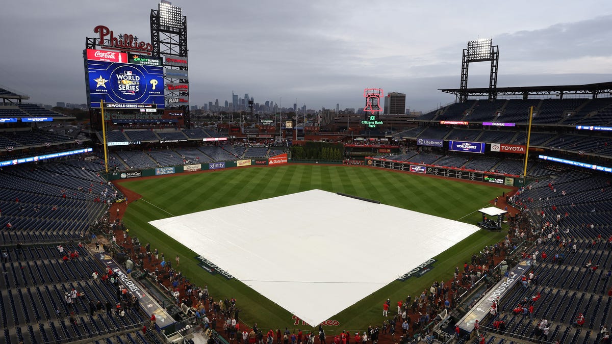 Tarp covers field at Citizens Bank Park
