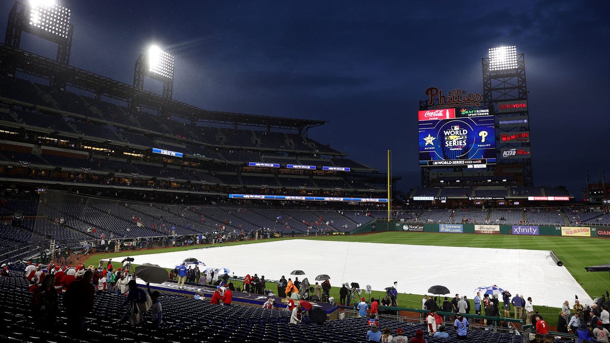 Citizens Bank Park field covered with tarp