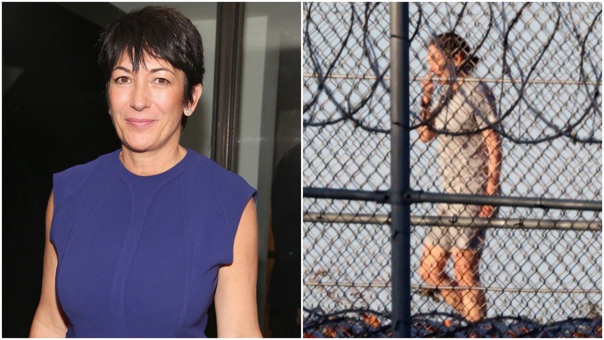 A split image of Ghislaine Maxwell wearing formal attire versus Ghislaine Maxwell in prison