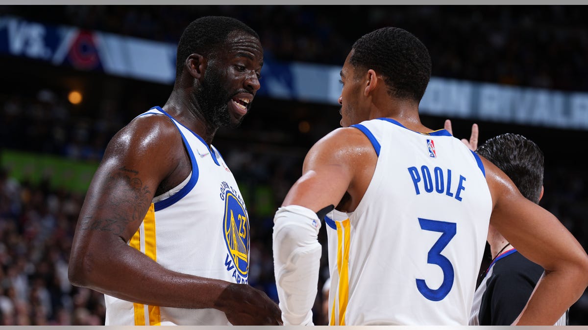 Draymond Green and Jordan Poole talk during the NBA Finals