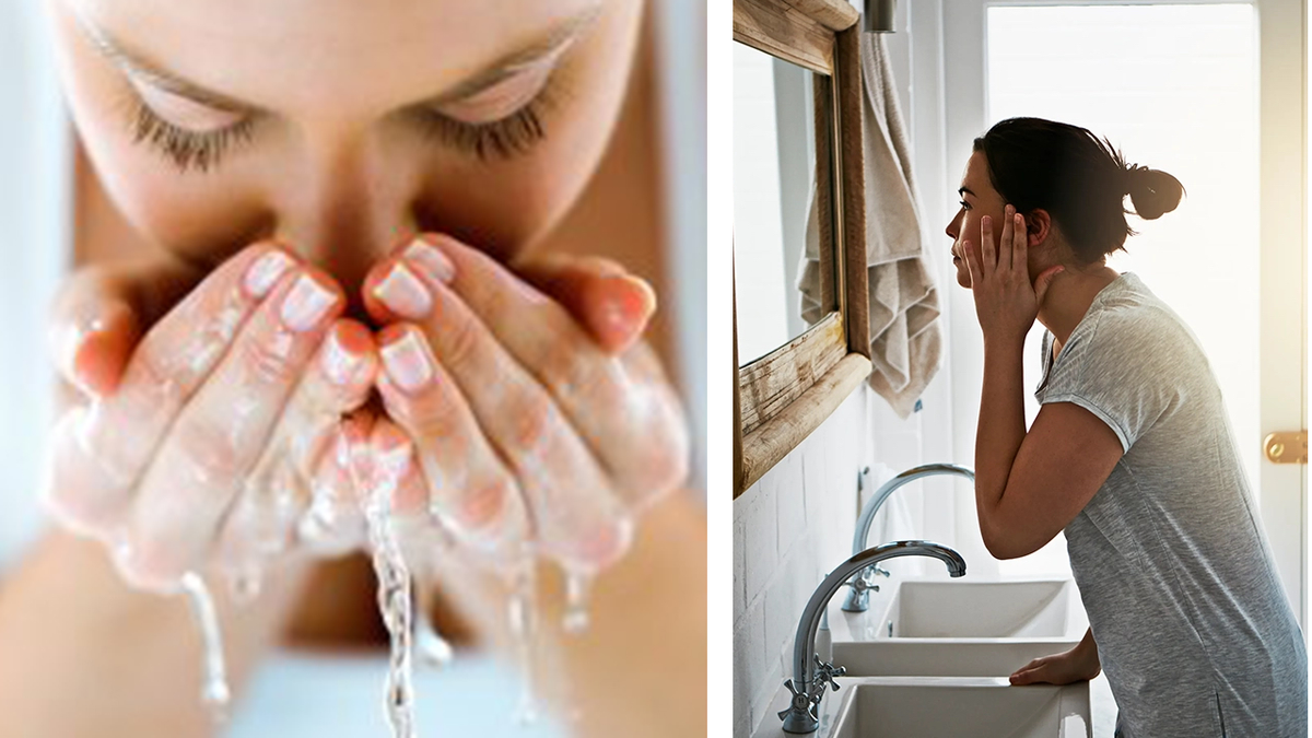 A woman washes her face with water while another checks her appearance in a mirror.