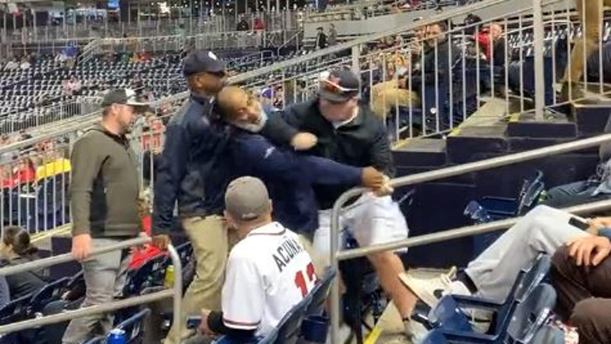 Man punches another man in stands at baseball park