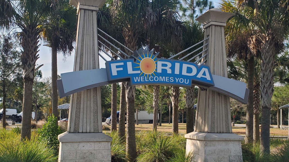 Travelers are greeted by a display at the I-75 Welcome Center complex in Jennings, Fla.