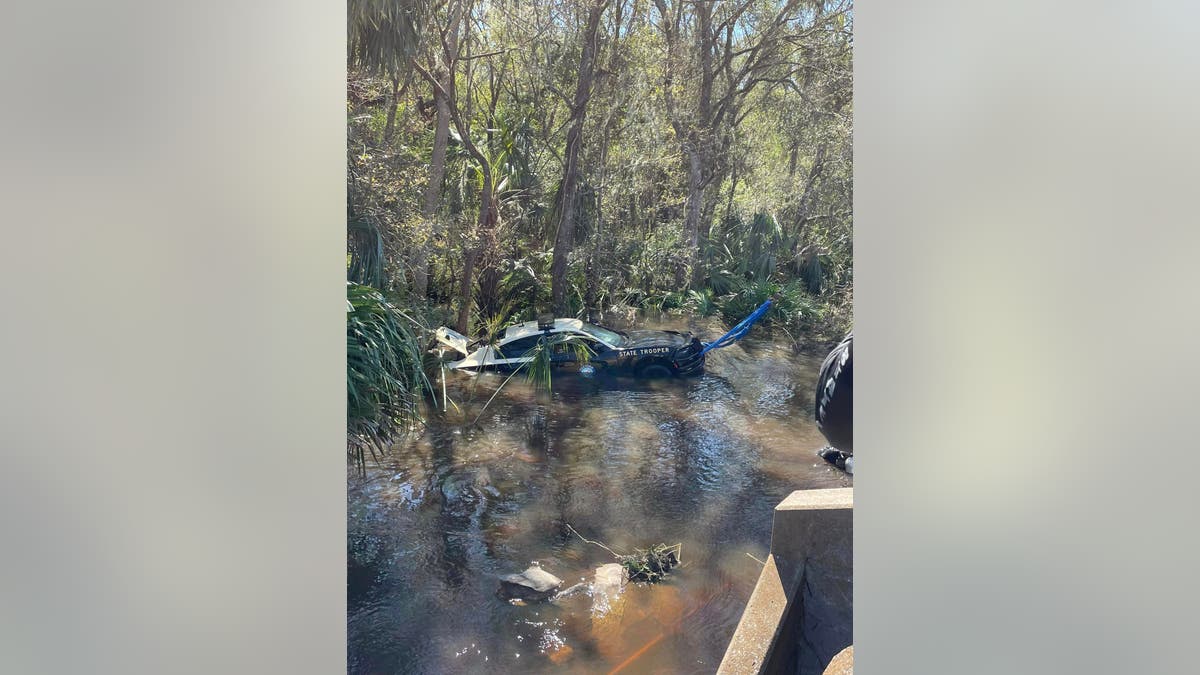 A police cruiser lies half submerged in Florida.