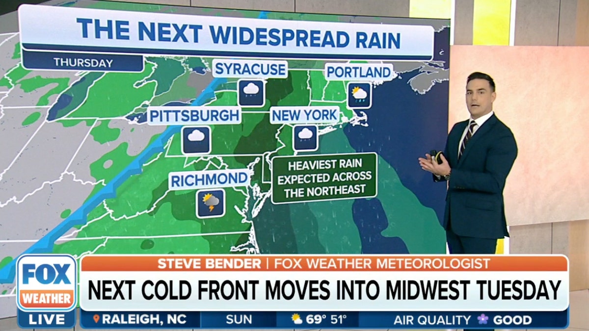 Reporter standing in front of weather map