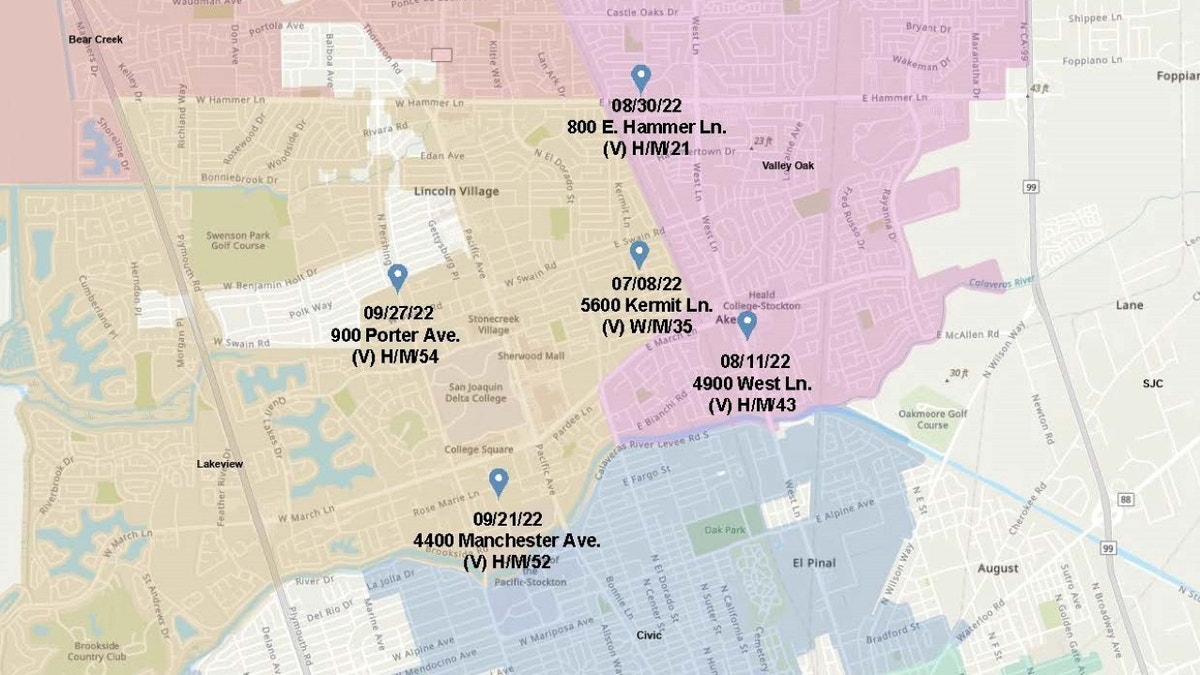 Map showing locations of five homicides