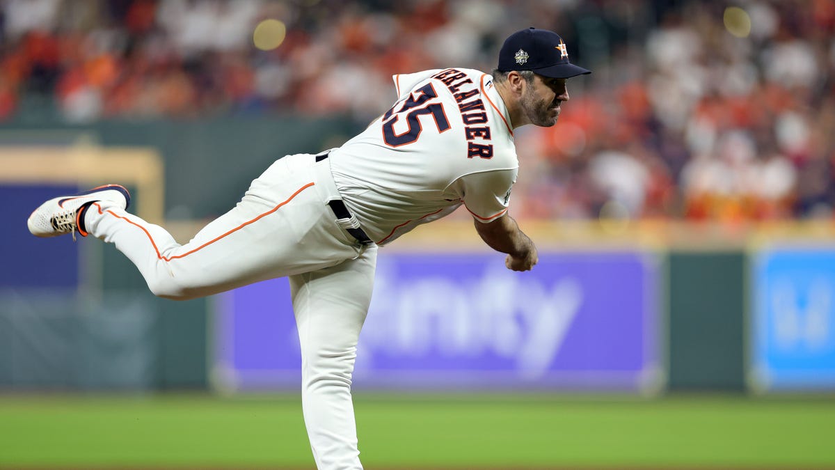 Justin Verlander, of the Astros, pitches against the Philadelphia Phillies in Game One of the World Series at Minute Maid Park on Oct. 28, 2022, in Houston.