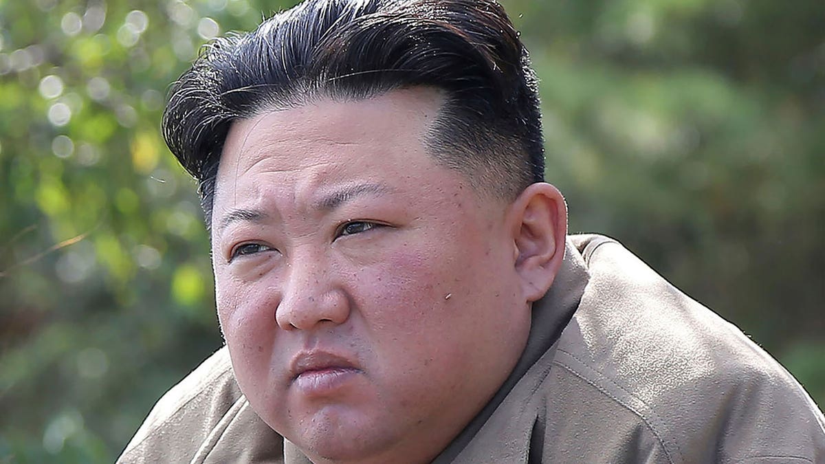 Kim Kong Un looks out during a sunny day while wearing a khaki shirt