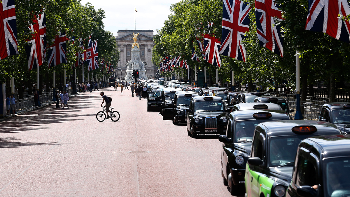 Photo shows line of taxis in London 